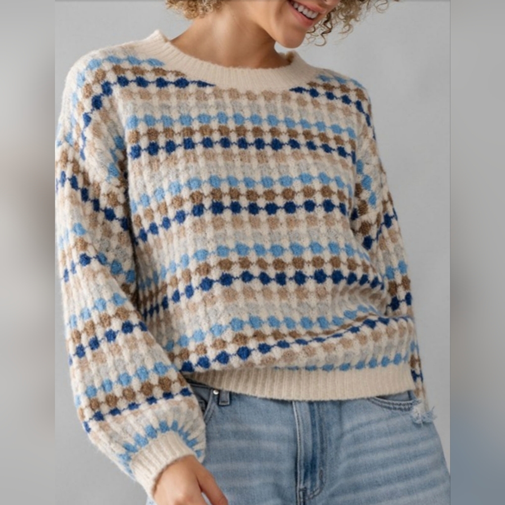 Crew Neck Mulicolor Pattern Knit Sweater In Blue